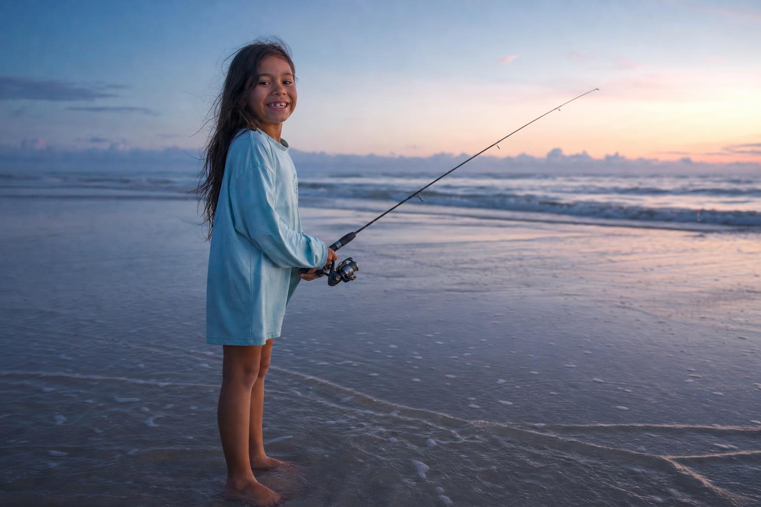 A kid grinning with a fishing rod at the dawn shoreline