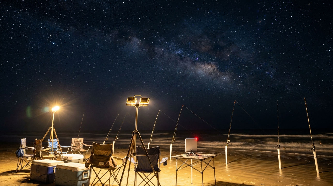 A beach camp glowing with professional lights under the stars