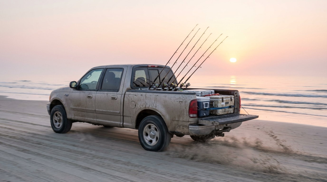 A truck loaded with rods driving the beach at dawn